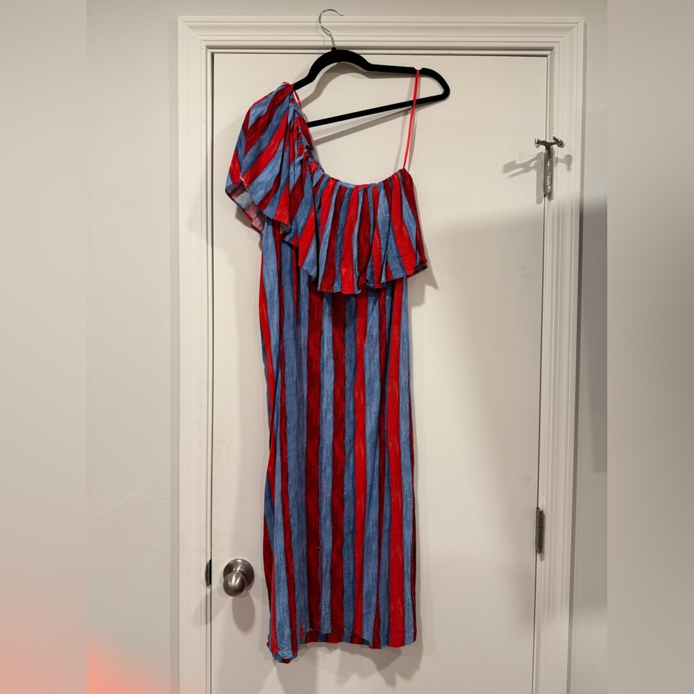 Pomander Place Tuckernuck Paint Stripe Florencia One Shoulder Midi Dress Linen S